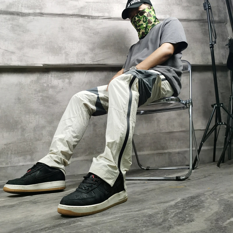 three dimensional adhesive zipper splicing functional patchwork cargo trousers mens high street vibe thin nylon cargo pants combat utility trousers