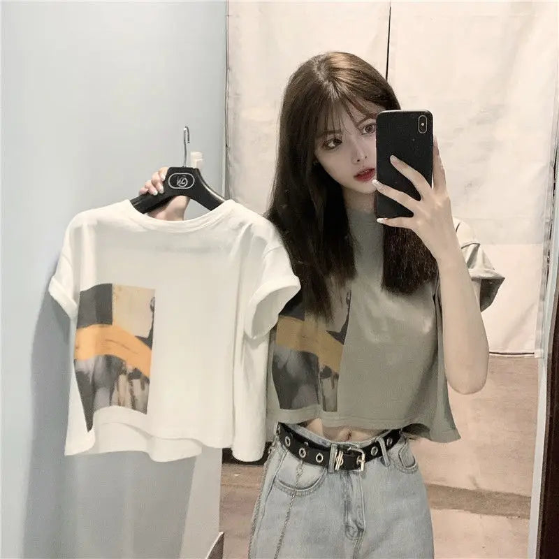 Skatercore Vintage print – New Summer New Pure Cotton Discreet Navel Baring Short Sleev