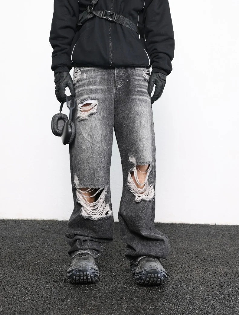knee destroy big holes high street pants mens casual harajuku zipper straight trousers hip hop fashion streetwear baggy joggers unique joggers style 2913