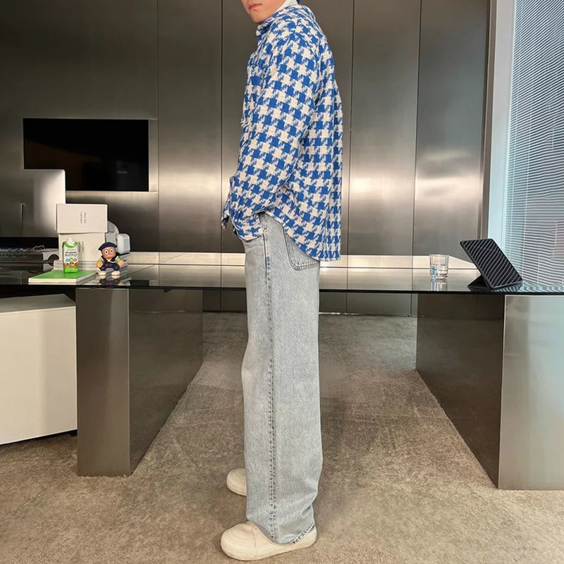 2024 Spring New Simple Versatile Fashionable Blue Houndstooth Woolen Shirt Style Genderless Casual Unisex Long-Sleeved Shirt