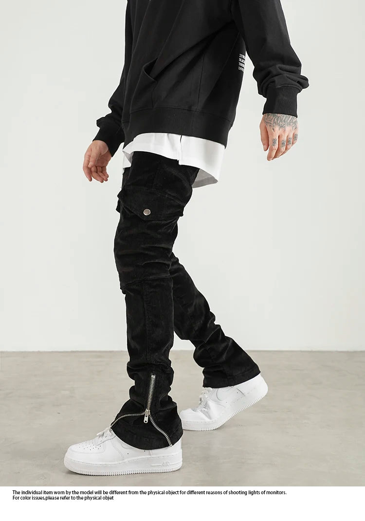 mens corduroy cargo pants new casual hip hop side pockets skinny trousers streetwear bottom zipper fashion slim fit pant joggers unique joggers style 4119
