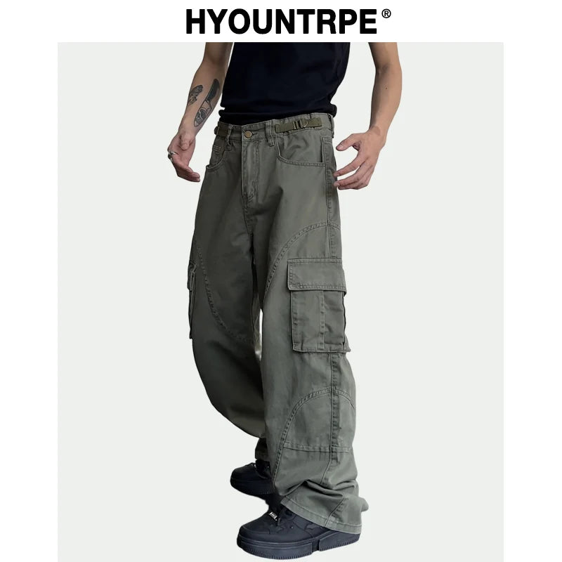 hip hip cargo pants harajuku adjustable waist with side pockets joggers streetwear unisex casual loose straight baggy trousers urban active pants