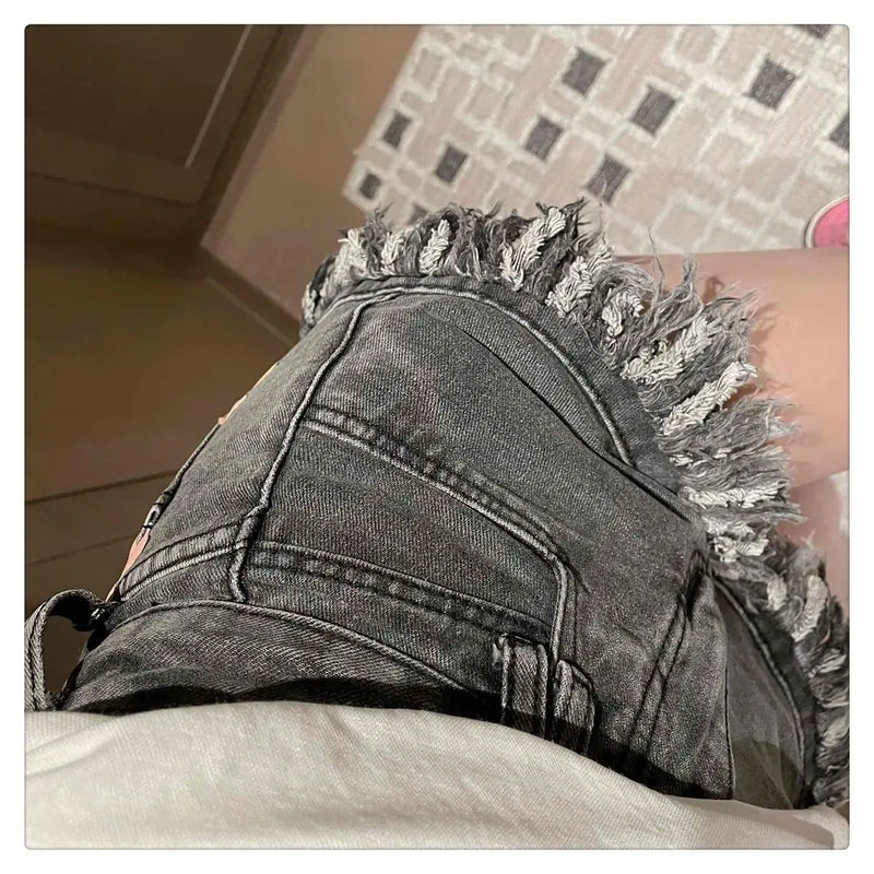 Raw Edge Fringe Gothic Style Denim Shorts Female Summer American Street High Waist Design Sense Casual A Word Super Short