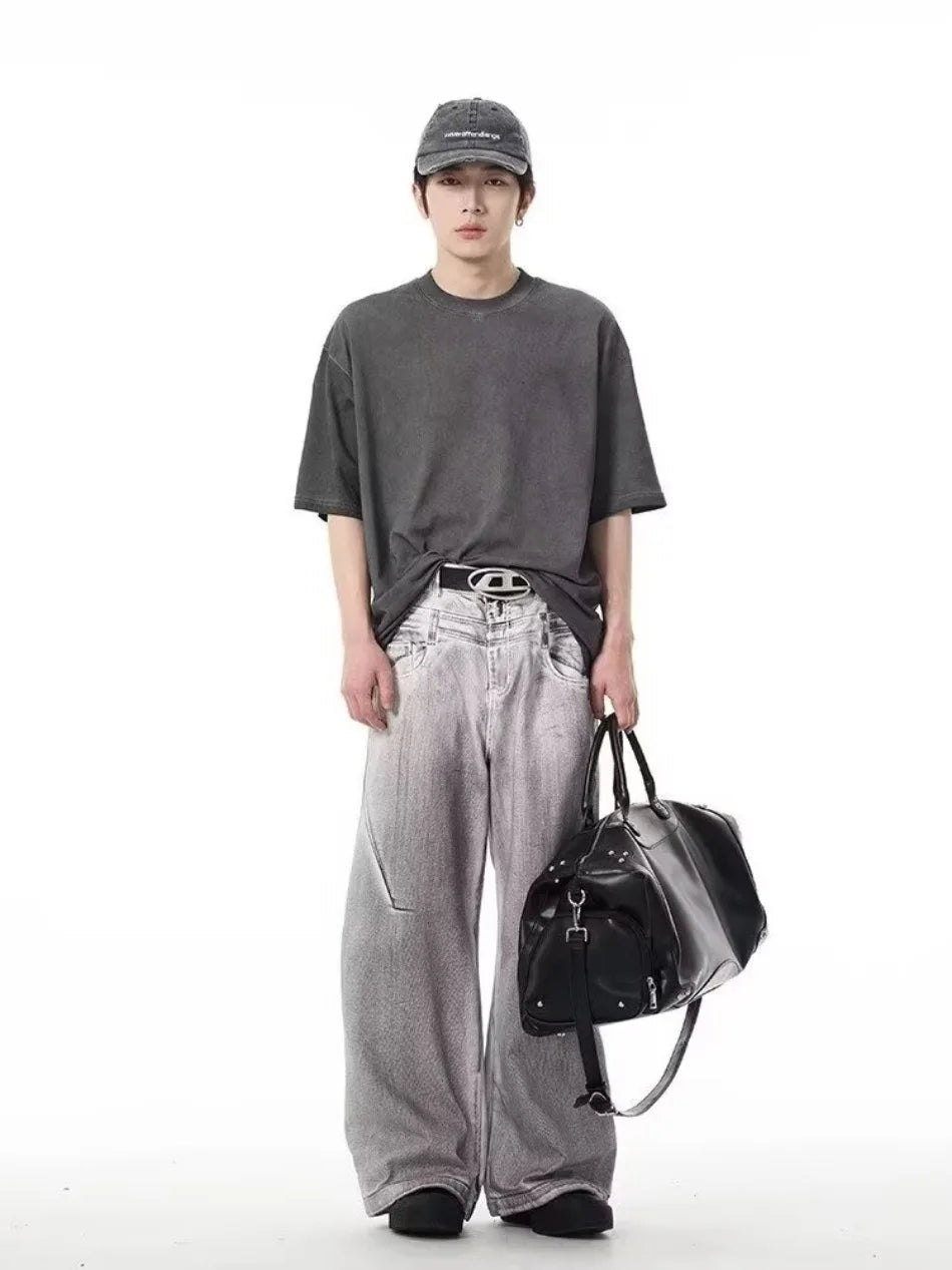 street mens jeans hip hop double waist head gradient smudging trend denim pants y2k 2024 new streetwear american cowboy trousers unique jeans style 474