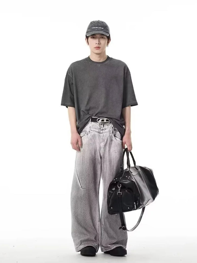 street mens jeans hip hop double waist head gradient smudging trend denim pants y2k 2024 new streetwear american cowboy trousers unique jeans style 474