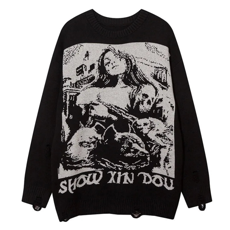 fashion hip hop knitted sweater men autumn winter o neck anime pattern pullover streetwear casual loose sweaters jumper knitwear Y2K vintage urban hoodie, aesthetic street look hoodie, trendy hip hop style outerwear