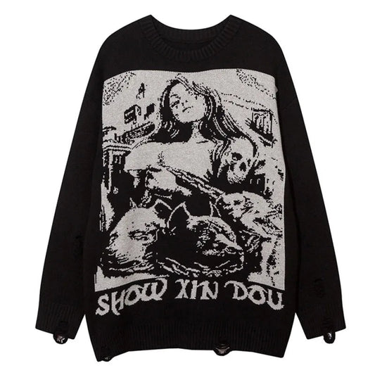 fashion hip hop knitted sweater men autumn winter o neck anime pattern pullover streetwear casual loose sweaters jumper knitwear Y2K vintage urban hoodie, aesthetic street look hoodie, trendy hip hop style outerwear