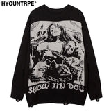 fashion hip hop knitted sweater men autumn winter o neck anime pattern pullover streetwear casual loose sweaters jumper knitwear Y2K vintage urban hoodie, aesthetic street look hoodie, trendy hip hop style outerwear