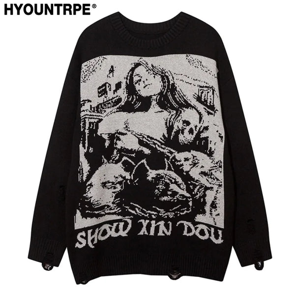 fashion hip hop knitted sweater men autumn winter o neck anime pattern pullover streetwear casual loose sweaters jumper knitwear Y2K vintage urban hoodie, aesthetic street look hoodie, trendy hip hop style outerwear
