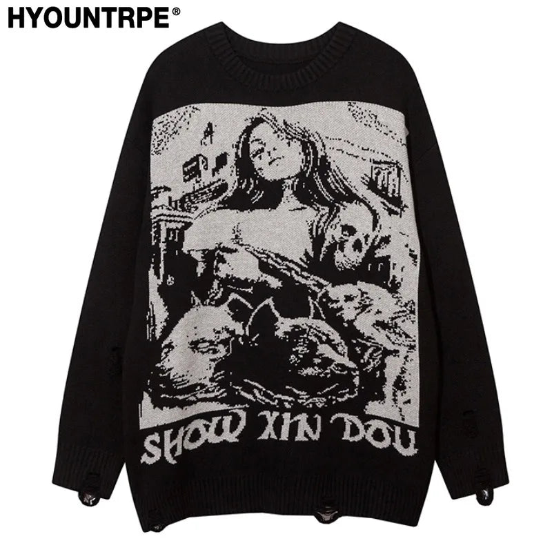 fashion hip hop knitted sweater men autumn winter o neck anime pattern pullover streetwear casual loose sweaters jumper knitwear Y2K vintage urban hoodie, aesthetic street look hoodie, trendy hip hop style outerwear