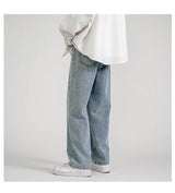 korean fashion mens baggy jeans classic all match solid color straight leg denim wide leg pants male light blue grey black unique jeans style 1131