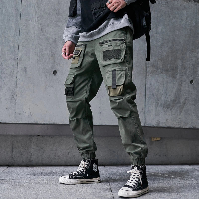 mens cargo pants elastic waist trousers streetwear hip hop loose fit ankle drawstring military pockets sweatpants joggers black unique joggers style 4098