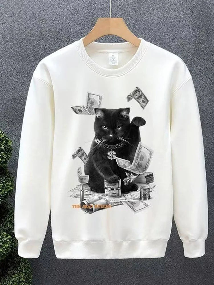 Cartoon Money Cat Graphic Printed Crewneck Sweatshirts Hombre Hip Hop