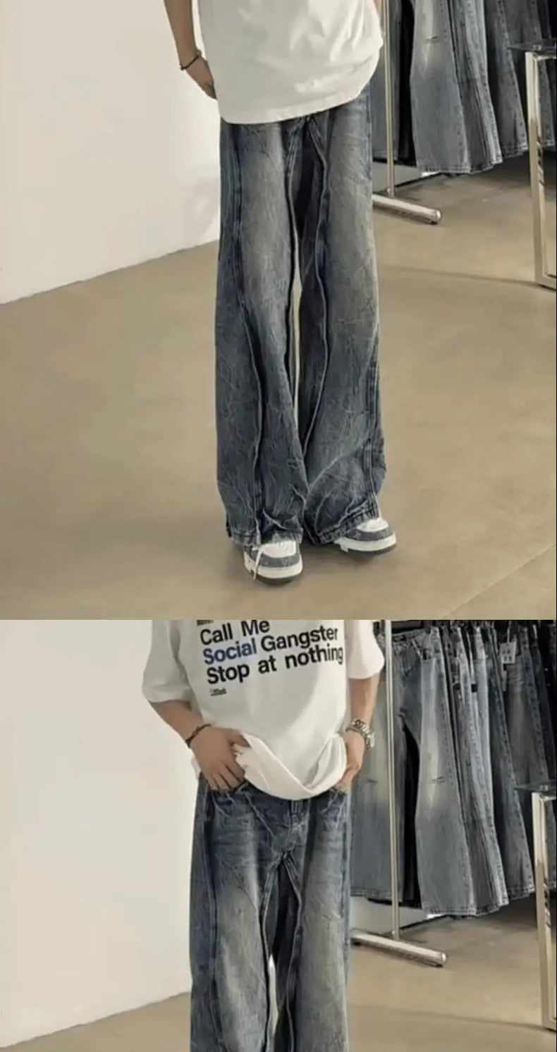 american high street hip hop men and women trendy washed straight leg jeans autumn couple loose micro flared casual pants y2k unique jeans style 49