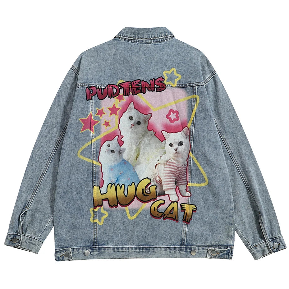 '- oversized fit style casual fashion style funny-cat-graphic-denim-jacket-men-hip-hop-streetwear-oversized-harajuku-blue-jeans-jackets-y2k streetwear urban print hip wear graphic high premium unisex essential quality 8e8a8d design material hop image everyday streetwear design ID cbb51