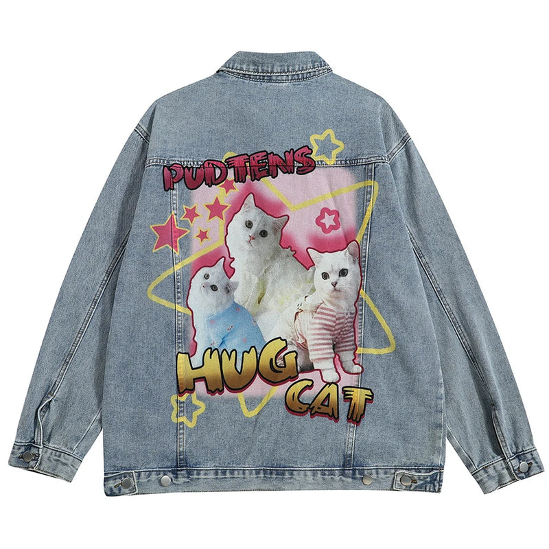 - oversized fit style casual fashion style funny-cat-graphic-denim-jacket-men-hip-hop-streetwear-oversized-harajuku-blue-jeans-jackets-y2k streetwear urban print hip wear graphic high premium unisex essential quality 8e8a8d design material hop image everyday streetwear design ID cbb51