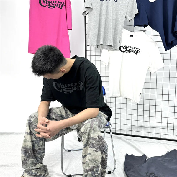 2024 Summer Solid Color T-shirt High Quality Tops Vintage T-shirts Oversize Sleeve Heavyweight American Street Letter Print