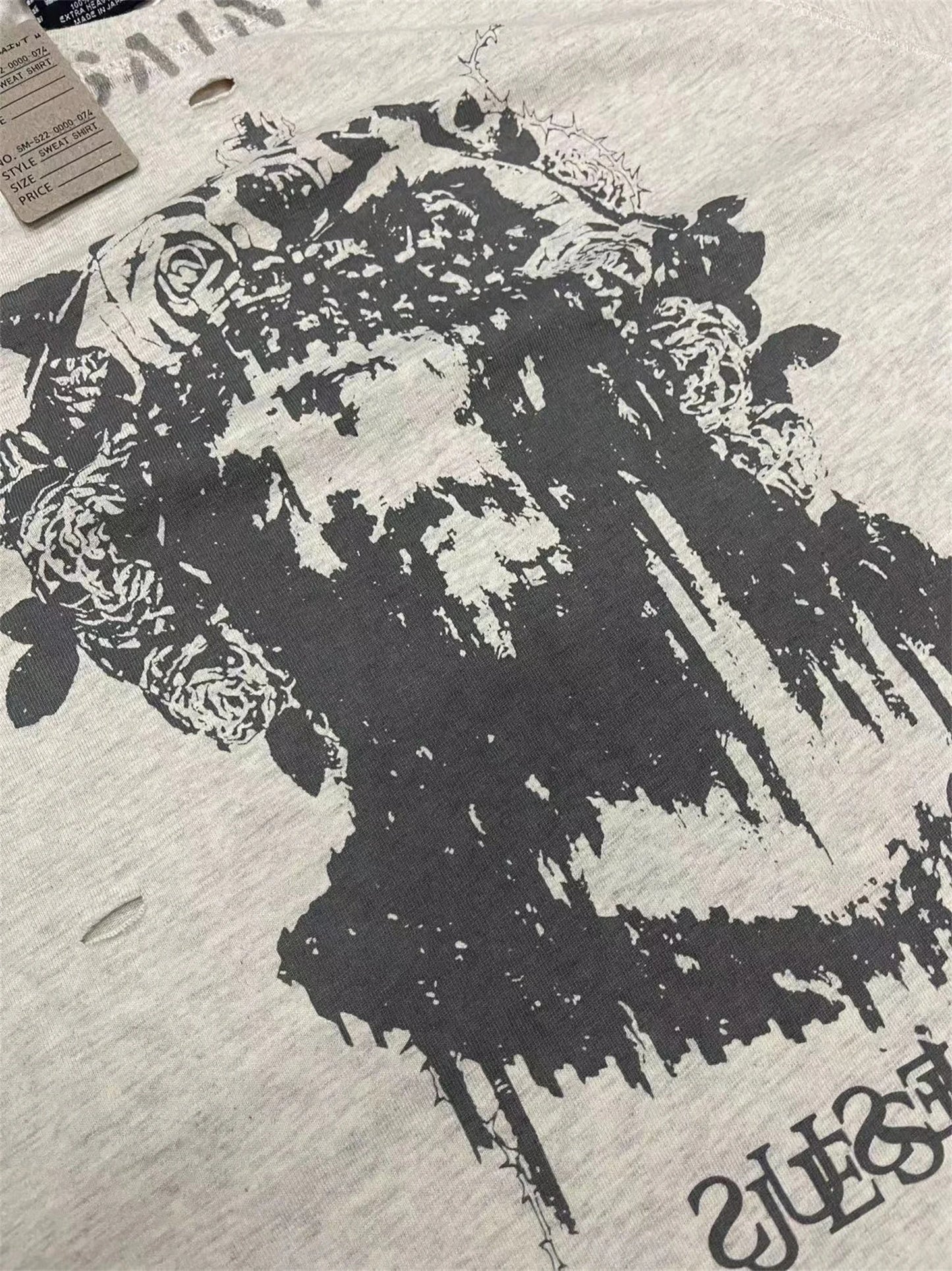 Y2K graphic tee featuring vintage 2024 print retro high street portrait graffiti print destroys mens washed and worn loose t shirt