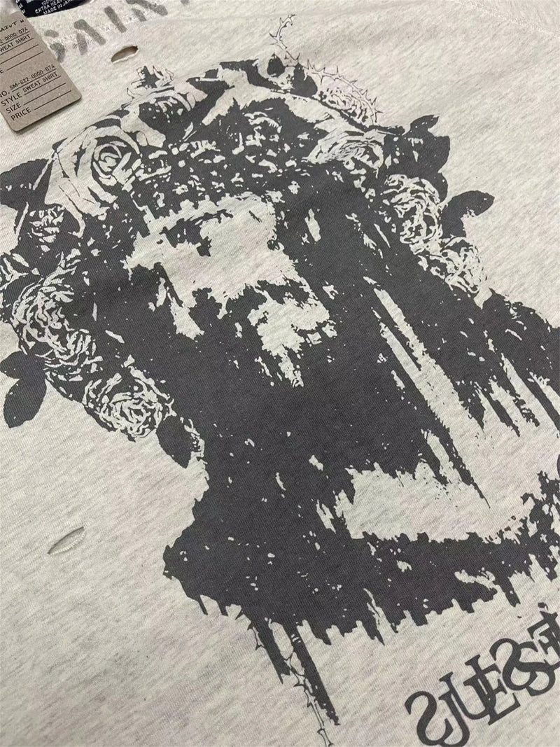 Y2K graphic tee featuring vintage 2024 print retro high street portrait graffiti print destroys mens washed and worn loose t shirt