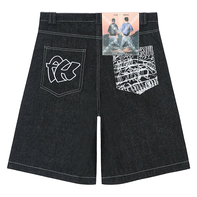 hip hop pockets embroidery letter print jeans shorts for men summer retro oversized wide leg denim knee lenght pants unique jeans style 3638