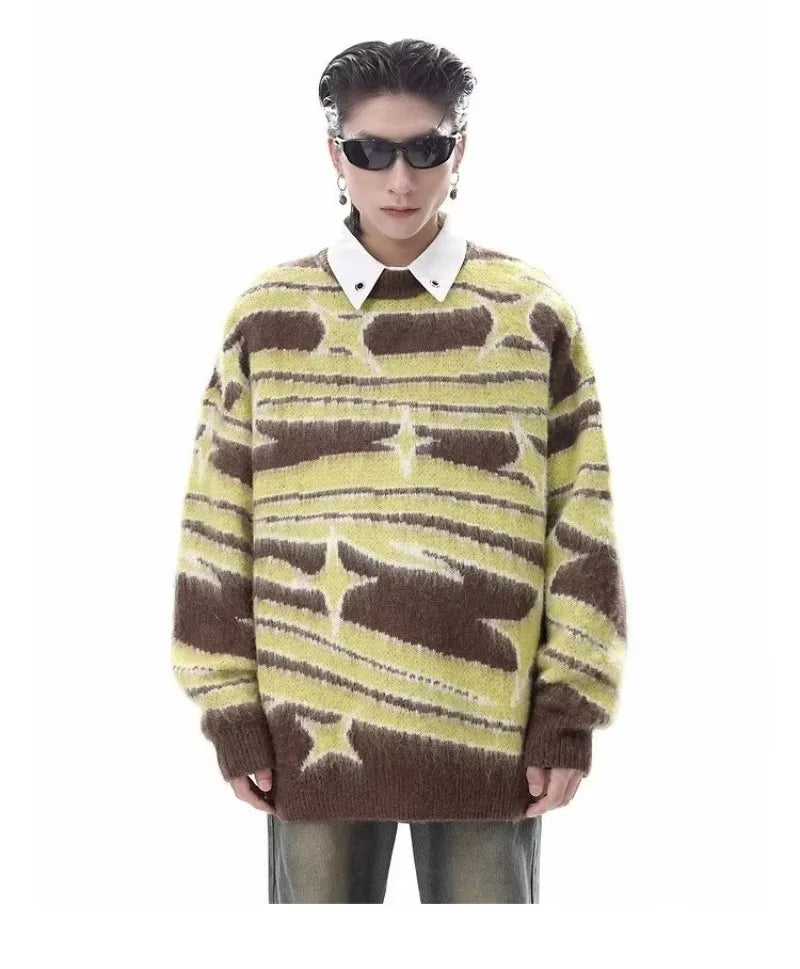 japanese hip hop sweater set men contrast zebra pattern round neck knit top splicing distressed loose jeans 2 pcs harajuku suit unique jeans style 4532