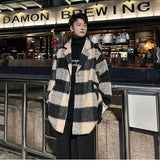 Plaid Woolen Trenchcoat Men Autumn Winter Fashion Retro Streetwear Suit Collar Loose Casual Trendy Trench Coat Outerwear