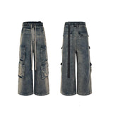 ro style ribbons wide leg multi pockets smoke grey baggy jeans for men straight pantalones hombre drawstring denim trousers unique jeans style 1193