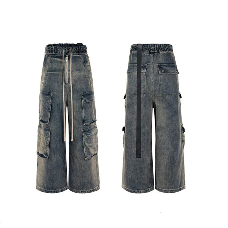 ro style ribbons wide leg multi pockets smoke grey baggy jeans for men straight pantalones hombre drawstring denim trousers unique jeans style 1193