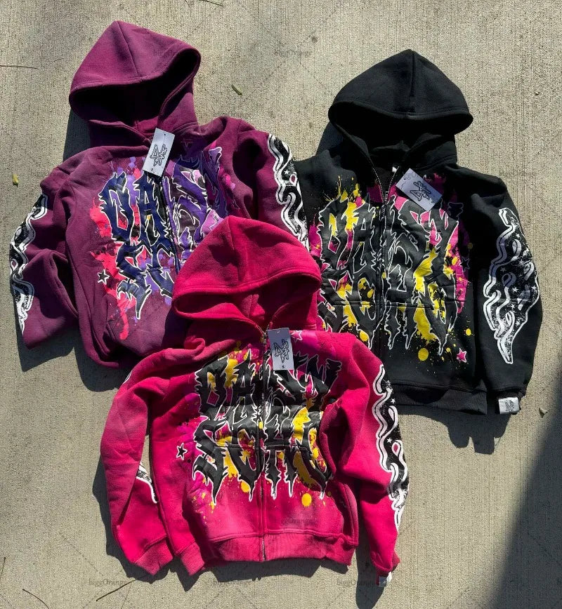 Gothic Punk Trend Pattern Printed Oversize Hoodie Men's 2023 New Street Hip-Hop Versatile Loose Pullover Sweatshirt Women's