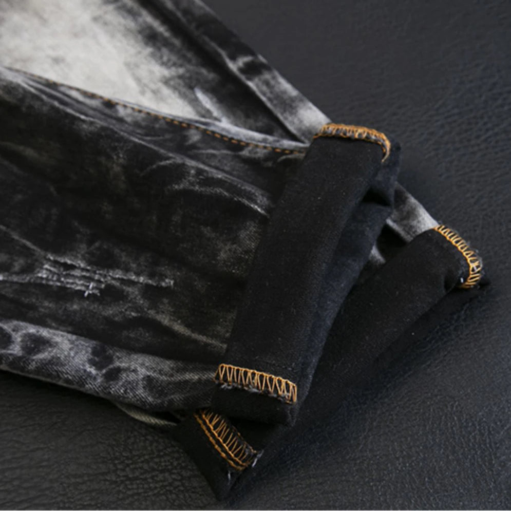 fashion distressed washed ripped destroied denim jean pants mens zipper skinny biker jeans hip hop streetwear slim pants joggers unique joggers style 1206