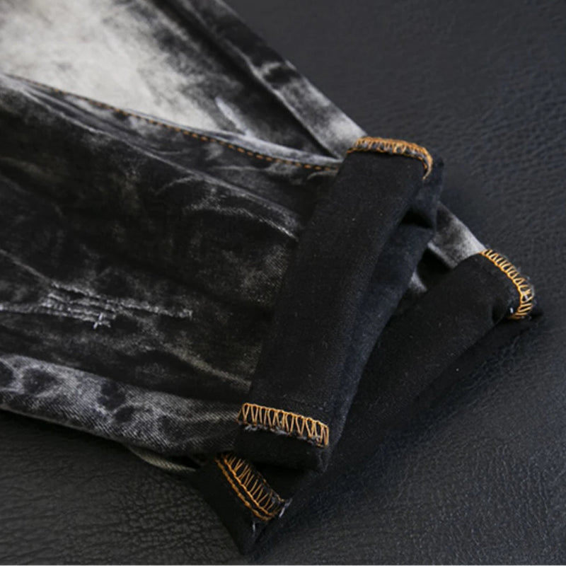 fashion distressed washed ripped destroied denim jean pants mens zipper skinny biker jeans hip hop streetwear slim pants joggers unique joggers style 1206