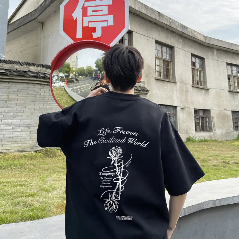 Y2k Angelcore design – Gothic Letter Rose Printed T Shirt Men Hip Hop Fashion Overs