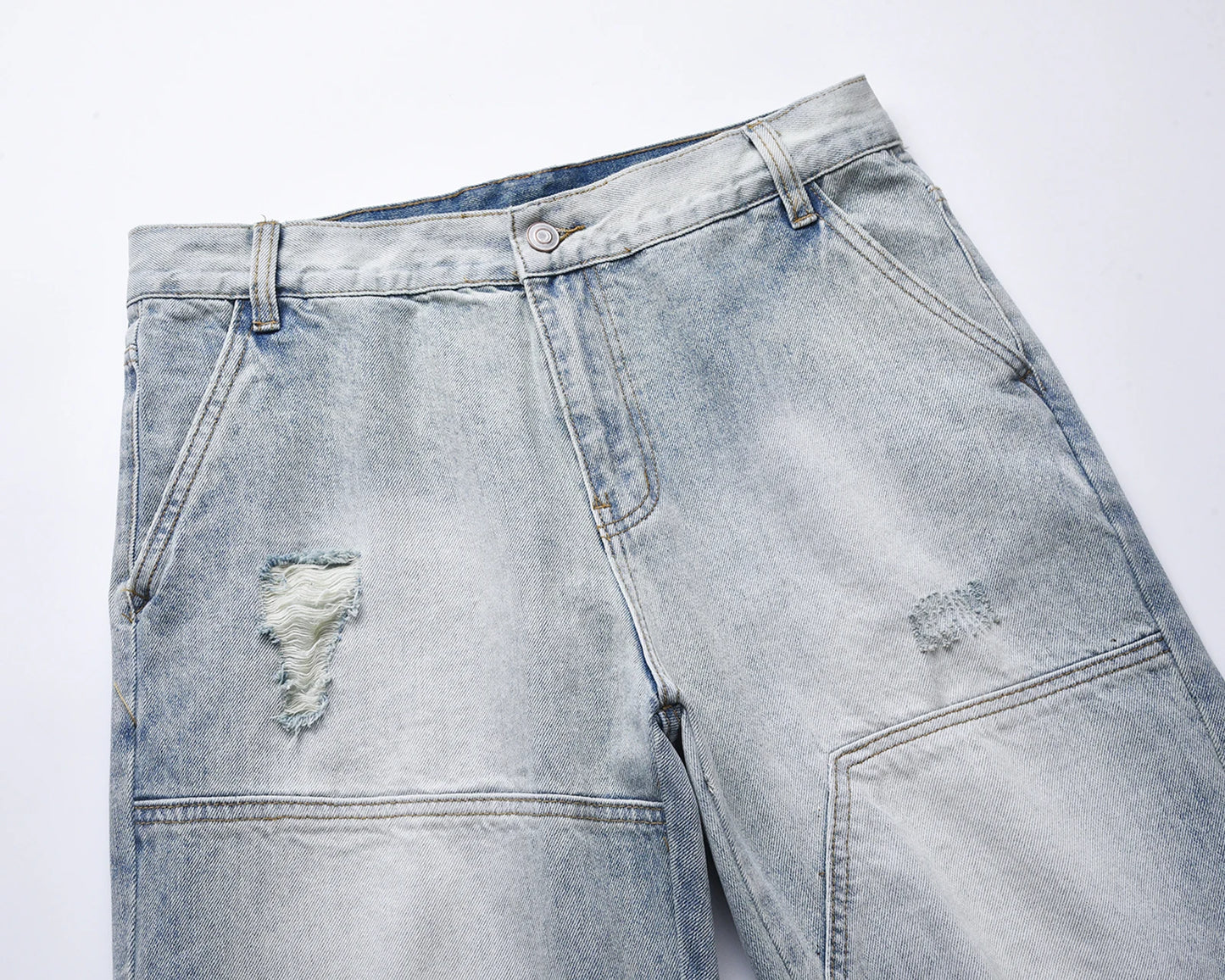 streetwear ripped damaged washed blue baggy denim pants for men straight distressed casual jeans oversized cargo trousers multi-pocket cargos