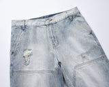 streetwear ripped damaged washed blue baggy denim pants for men straight distressed casual jeans oversized cargo trousers multi-pocket cargos