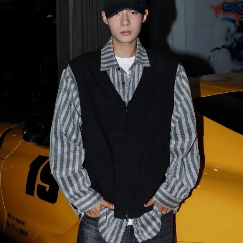 checkered varsity coat, layered streetwear look, trendy
