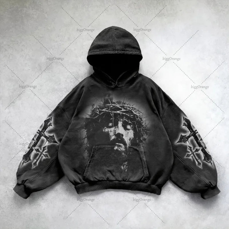 Gothic Punk Style Y2K Harajuku Retro Hoodie Cross Hip-hop Casual Loose Oversized Sweatshirt