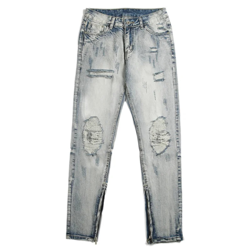 bottom zipper destroyed washed jeans skinny jeans ripped holes trousers men biker jeans fashion streetwear hip hop pants joggers relaxed fit joggers