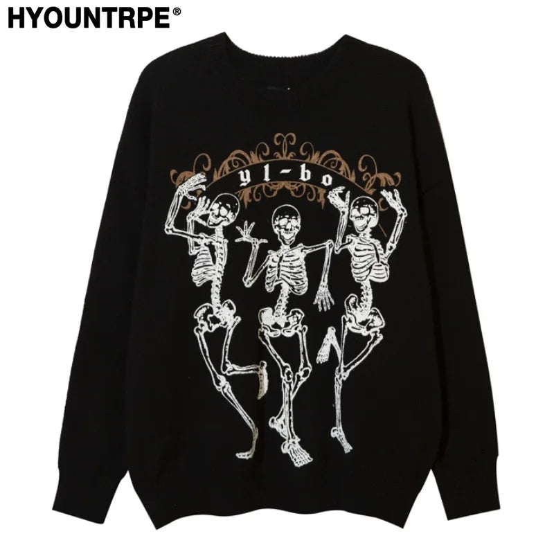 hip hop harajuku skeleton printed knitted sweater unisex pullover streetwear winter casual loose sweater warm jumpers knitwear - vintage look oversized hoodie, 2025 streetwear drop, urban fashion pullover