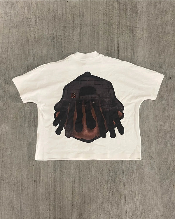 sadcore hip hop graphic tee with glitch font and pastel haze