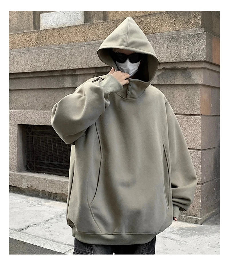 New Retro Button Neck Hooded Sweatshirts For Men Autumn Fleece Y2K Vintage Hoodies Hip Hop Fashion Streetwear Pullover Hoodie