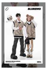 high street harajuku imitation mink hair knitted vest chain color block v neck pullover sweater vest oversized knitwear trendy trendy hip hop style outerwear, Y2K vintage urban hoodie, streetwear fashion hoodie