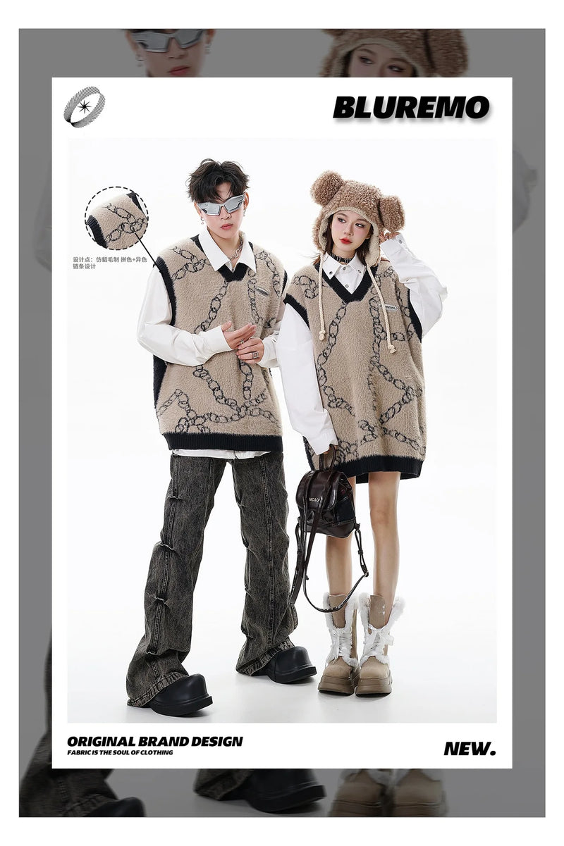 high street harajuku imitation mink hair knitted vest chain color block v neck pullover sweater vest oversized knitwear trendy trendy hip hop style outerwear, Y2K vintage urban hoodie, streetwear fashion hoodie