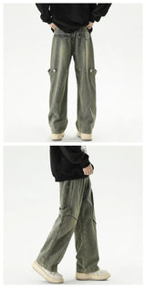 2024 new hip hop wide leg jeans for men washed distressed baggy denim trousers high street deconstruction cargo jean y2k pants unique cargo style 452