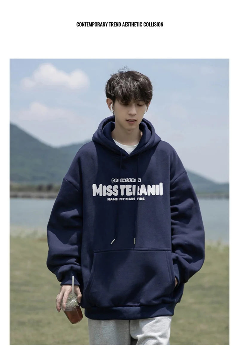 American Retro Casual Hoodies For Men Letter Printed Loose Fit Hooded