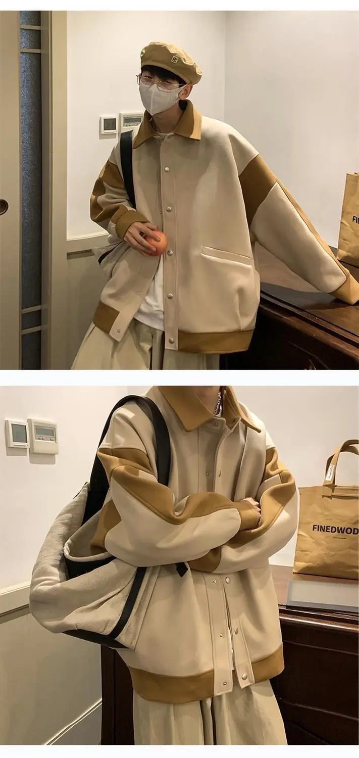 Winter Contrasting Color Splicing Jacket Mens Loose And Versatile Thic