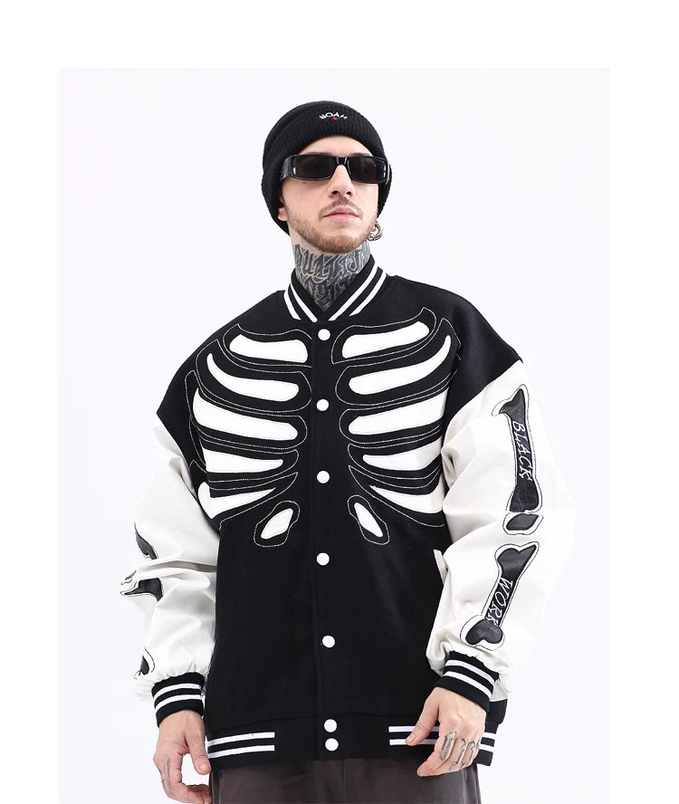 mens streetwear jacket bone skeleton baseball bomber retro coat hip hop harajuku loose oversized unisex nan fashion photo sty - variant style 794195 for streetwear fashion