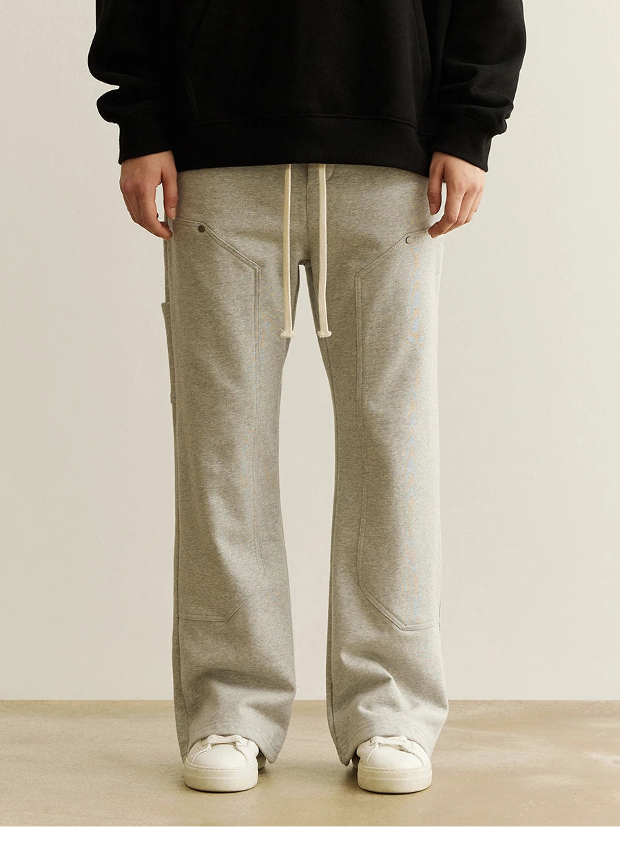 american streetwear gray flared sweatpant men double knee patch micro flare overalls harajuku casual patchwork sweat pants black unique joggers style 2956