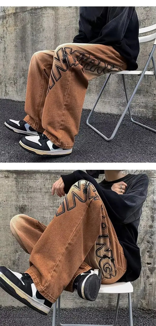 2023 new fashion letter graffiti brown hip hop men baggy jeans pants y2k clothes straight vintage denim trousers pantalon homme unique jeans style 5815