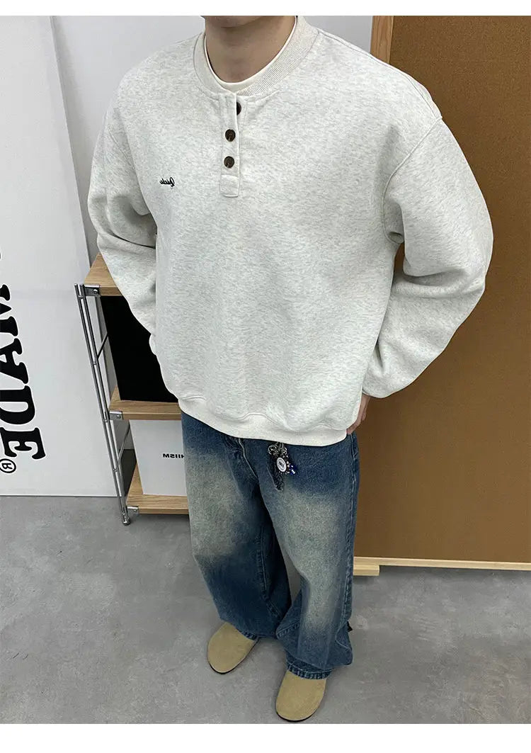 Trendy Korean Retro Ins Simple Boyish Henry Collar Sweatshirt Men and Women Street Niche Y2K Loose Casual Long-sleeved Top