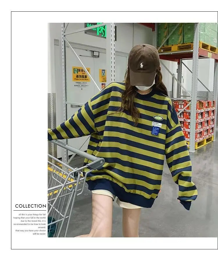 Original Korean New Style Loose Striped Sweatshirt American Harajuku C